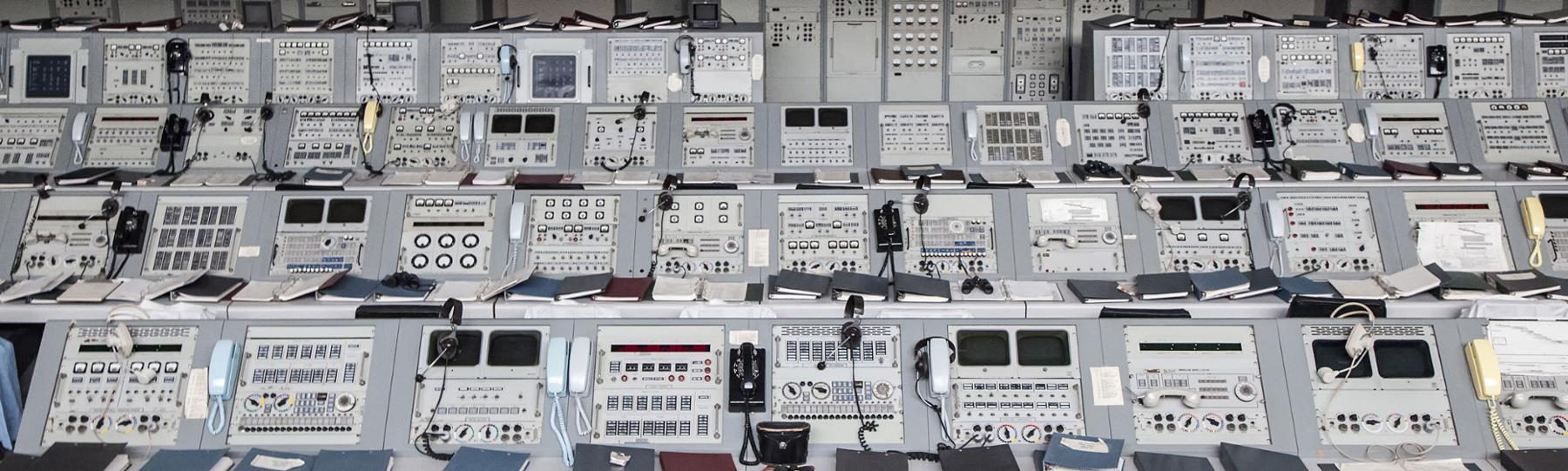  1960s-era NASA mission control equipment on display in Kennedy Space Center